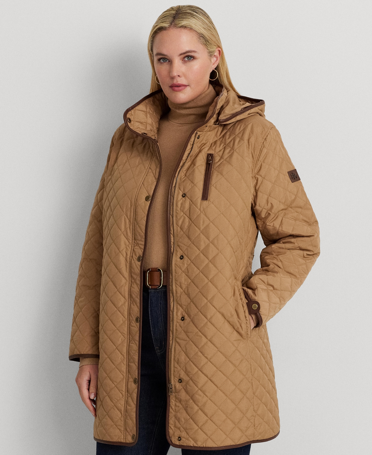 Ralph Lauren Plus Size Hooded Quilted Faux-suede-trim Coat In Brown
