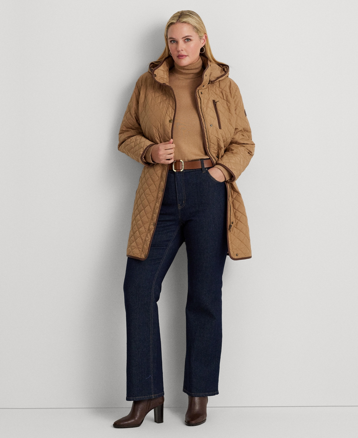 Ralph Lauren Plus Size Hooded Quilted Faux-suede-trim Coat In Brown