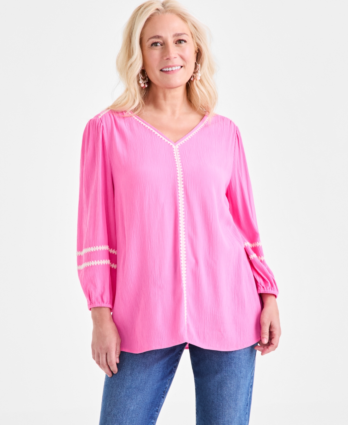 Women's V-Neck Contrast-Trim 3/4-Sleeve Blouse, Exclusively at Macy's - Monaco Rose