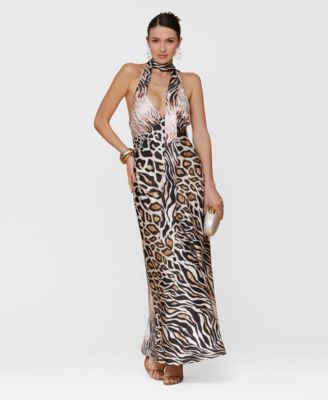 Avec Les Filles - Women's Printed Halter Scarf-Tie Maxi Dress