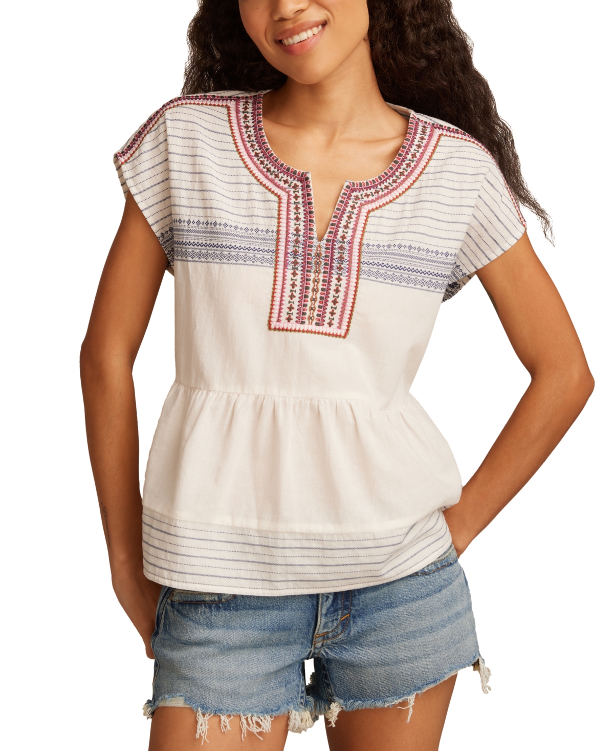 Women's Shell-Sleeve Cotton Peasant Blouse - Cream And Navy Jacquard