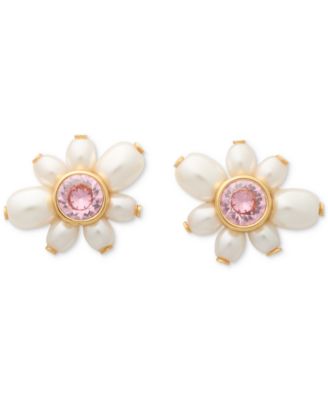 Gold-Tone Color Cubic Zirconia & Imitation Pearl Flower Stud Earrings 