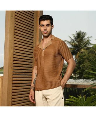 Men's Coffee Brown Crease-Tactile Cuban Polo T-Shirt