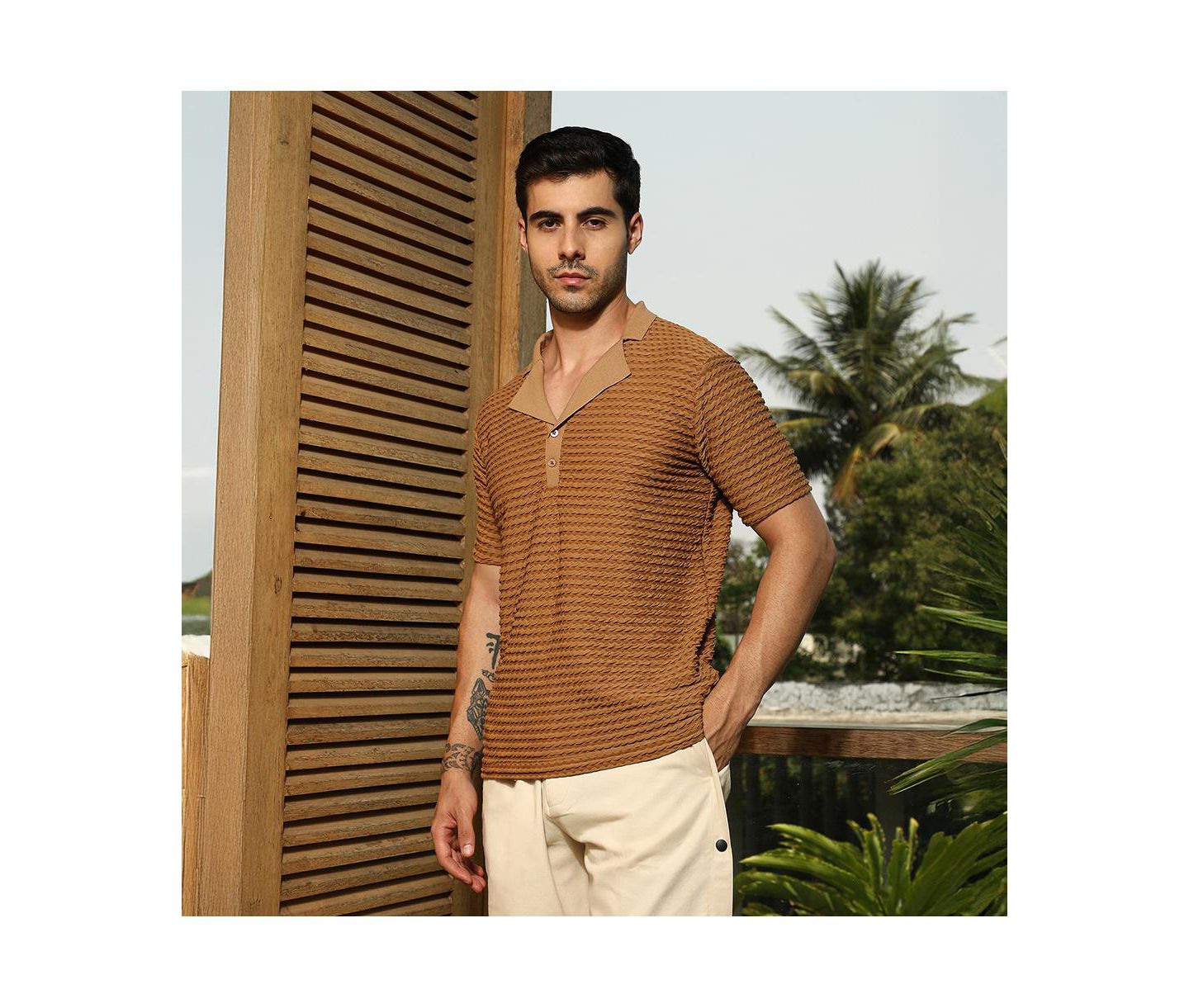 Мужская футболка Cahoot Campus Sutra Coffee Brown Crease-Tactile Cuban Polo, цвет: Коричневый — фото 4