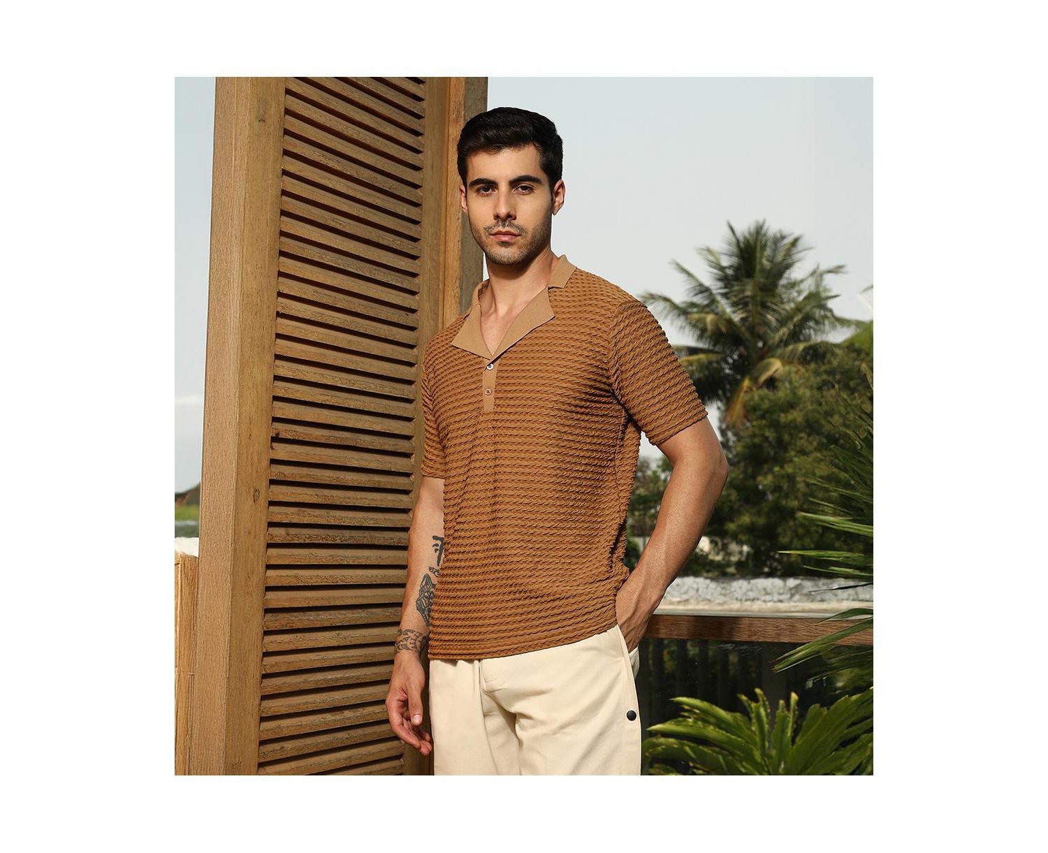 Men's Coffee Brown Crease-Tactile Cuban Polo T-Shirt