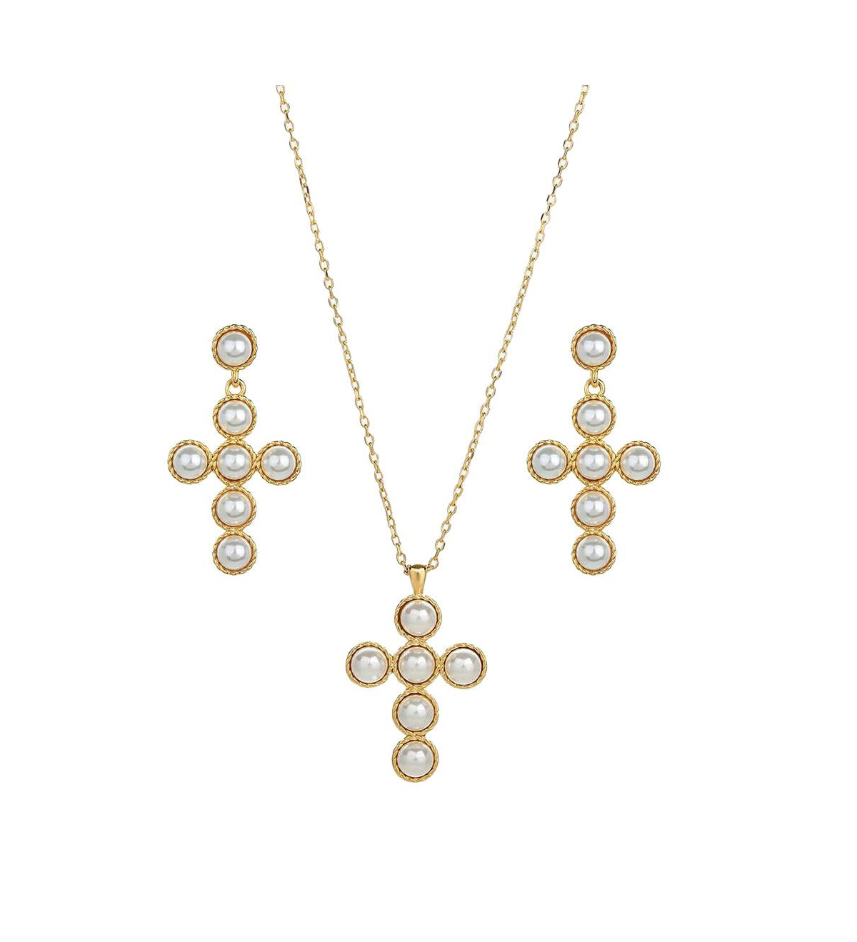 Sterling Silver 18k Gold Plated Victoria Cross Cultured Pearl Necklace & Earrings Set - Gold