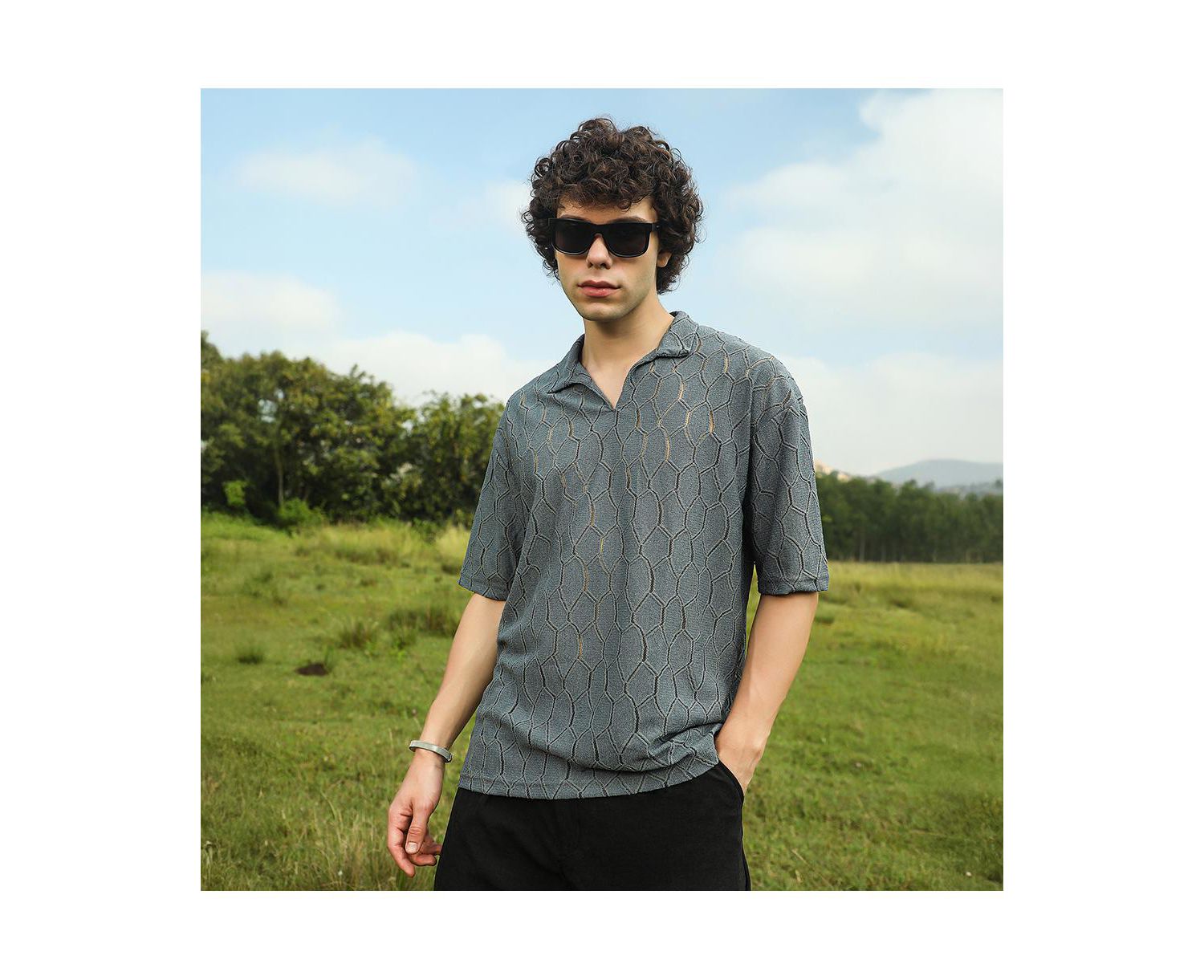 Men's Moon Grey Honeycomb-Knit Polo T-Shirt