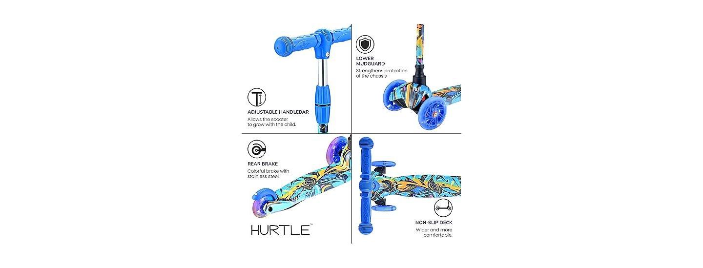 Детская игрушка Hurtle 3-Wheel Mini Kickboard Scooter for Kids - Adjustable Handlebar, LED Light-Up Wheels, Ages 2-5 - Graffiti Design — фото 7