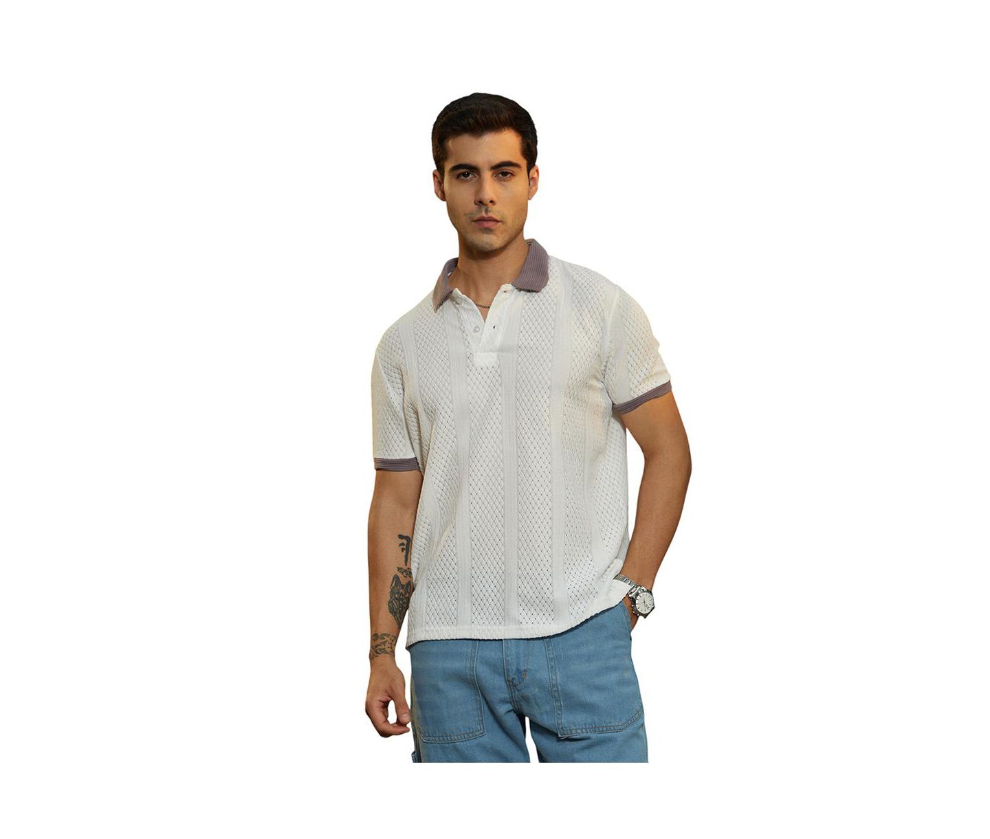 Мужская футболка Cahoot Campus Sutra Chalk White and Pastel Purple Contrast Open-Knit Polo, цвет: Белый — фото 1