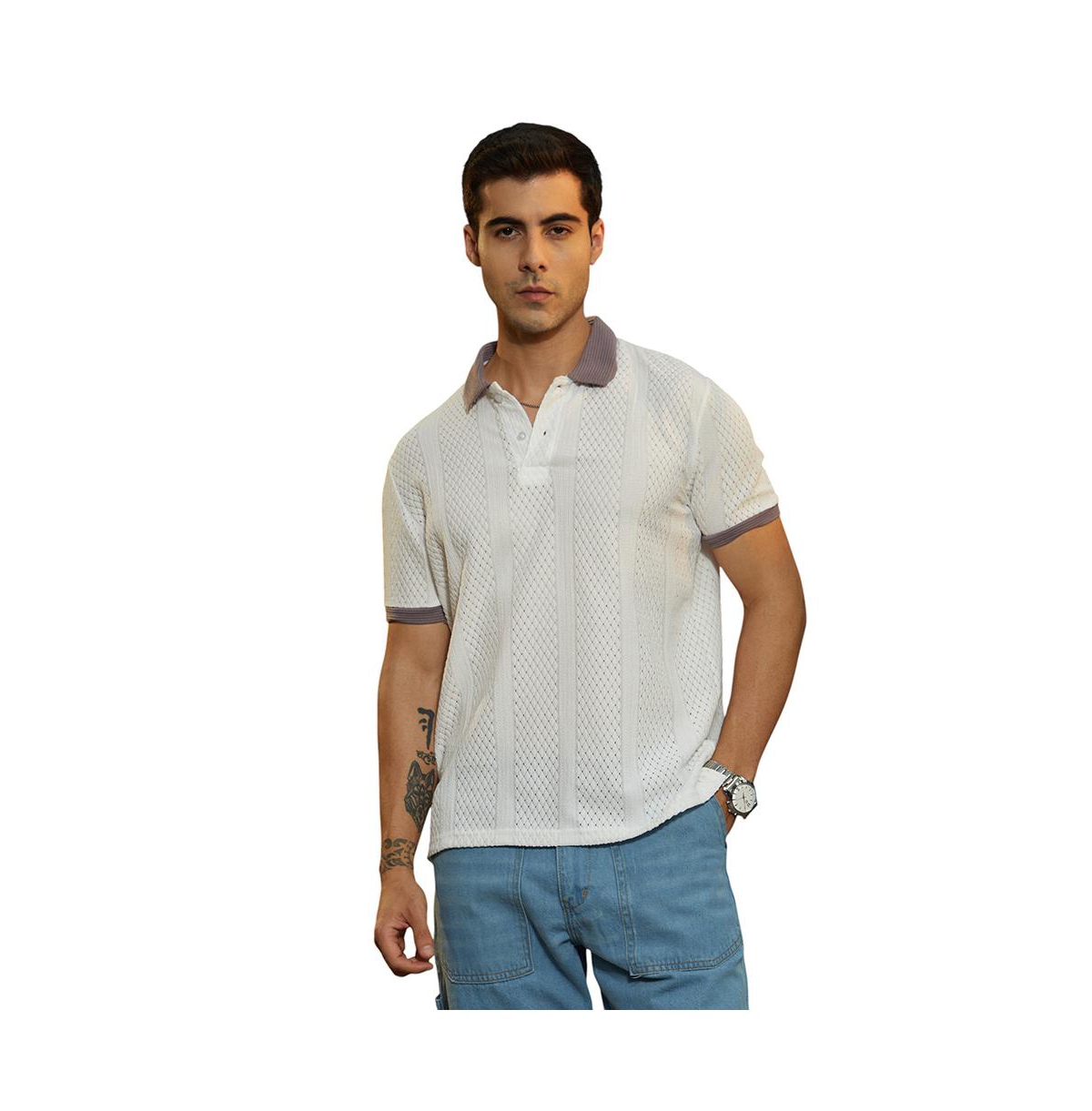 Men's Chalk White & Pastel Purple Contrast Open-Knit Polo T-Shirt - White