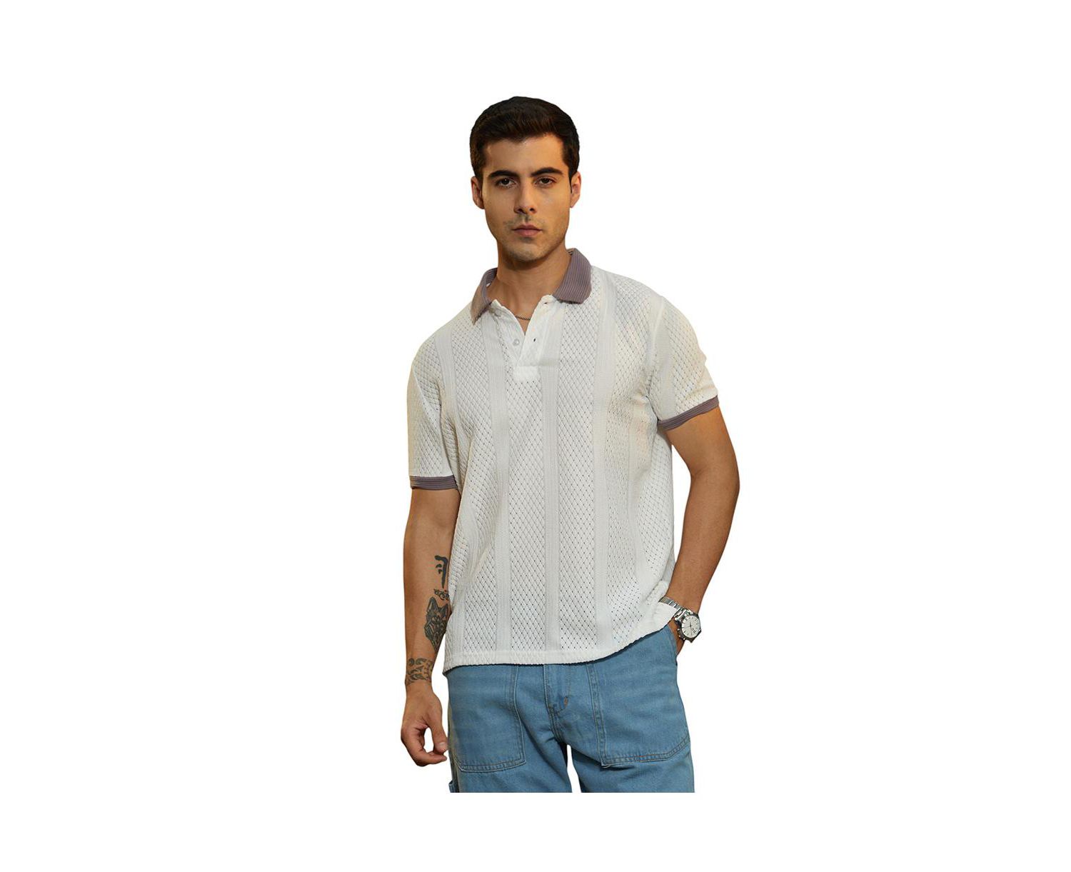 Men's Chalk White and Pastel Purple Contrast Open-Knit Polo T-Shirt