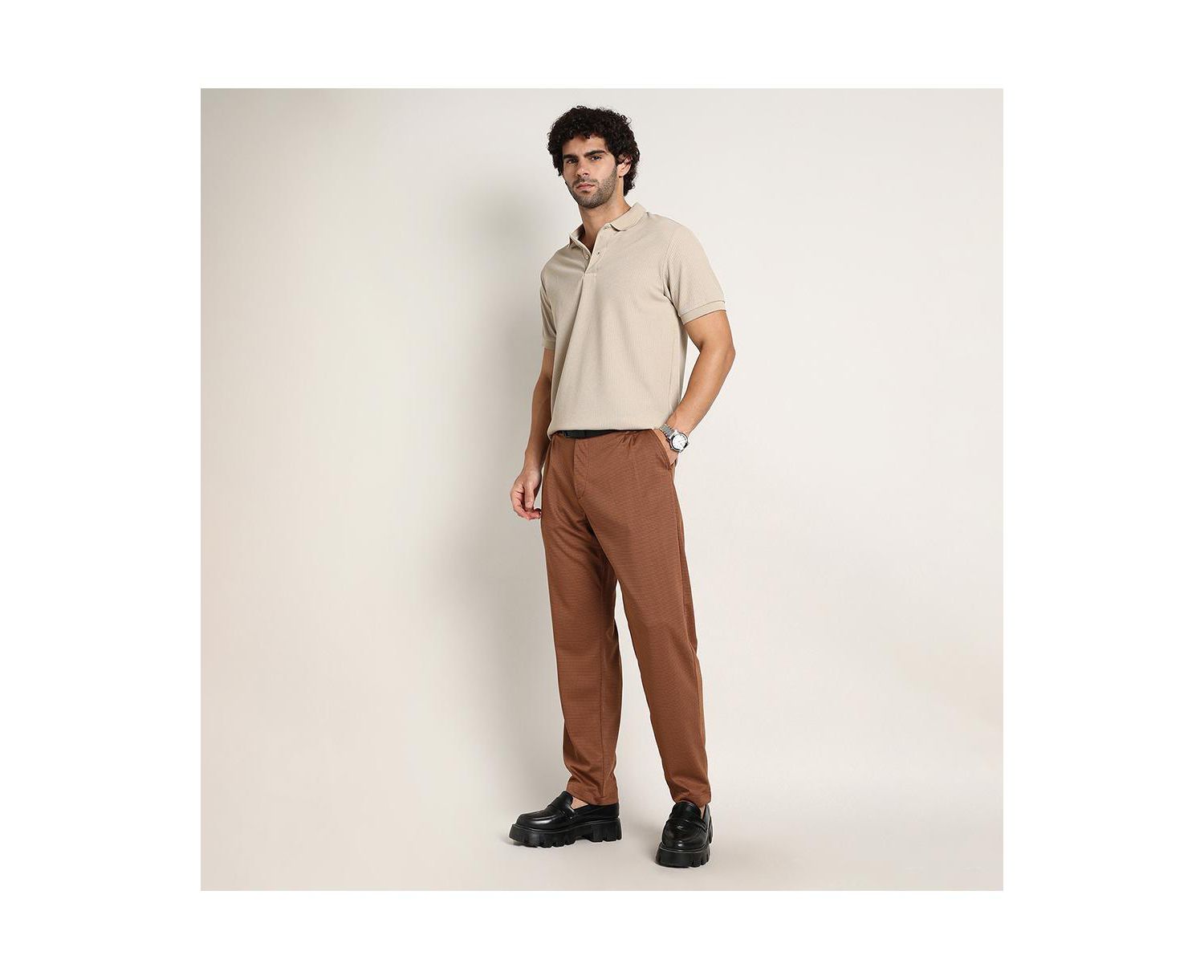 Men's Russet Brown Micro-Check Chino Trousers