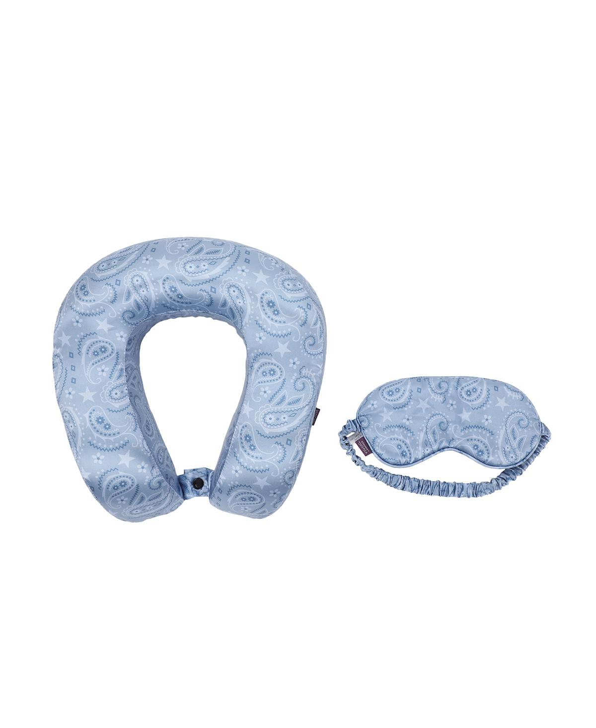 Blue Tonal Paisley Print Poly Adult Satin Neck Pillow and Eye Mask Set - Blue tonal