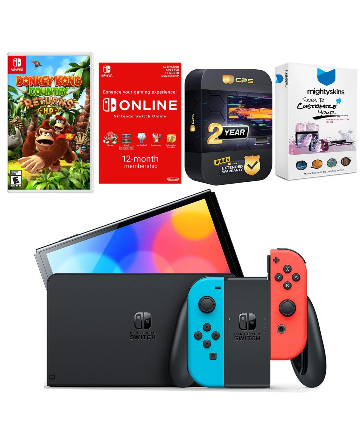 Nintendo Switch Neon Red & Blue Oled Console with Donkey Kong Country Returns Hd, Nso 12 Month Family Membership