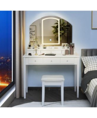 Vanity Table Stool Set with Large Tri-folding Lighted Mirror