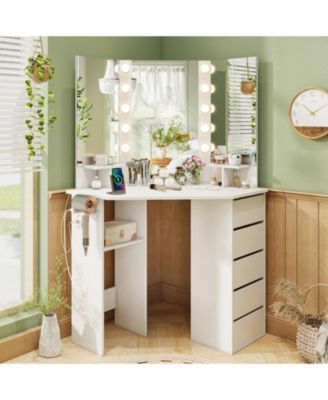 Wood Corner 3-Color LED Lighted Mirror Vanity Desk with Power Outlet