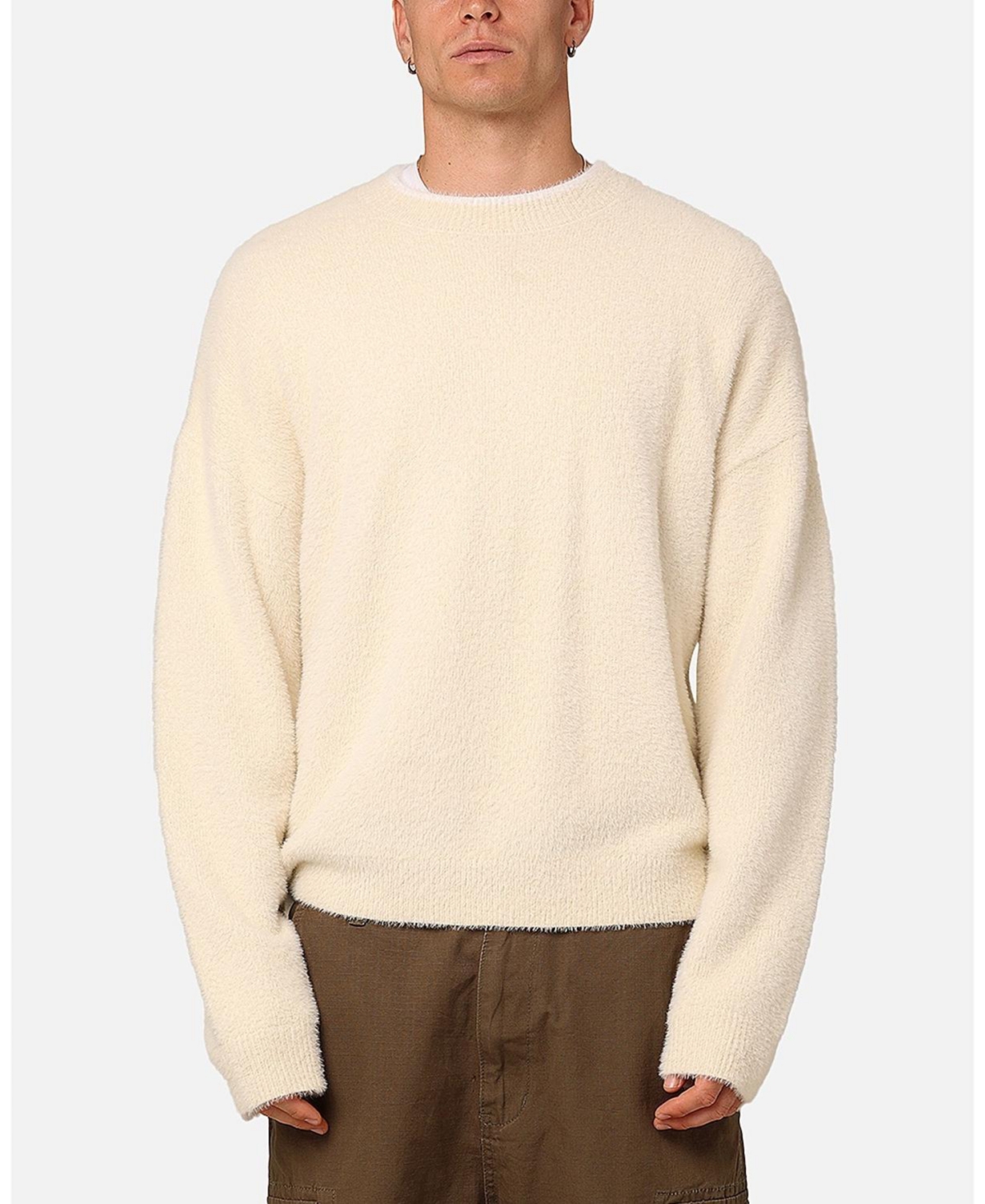 Men's Crew Neck Fluffy Sweater - Cream/white