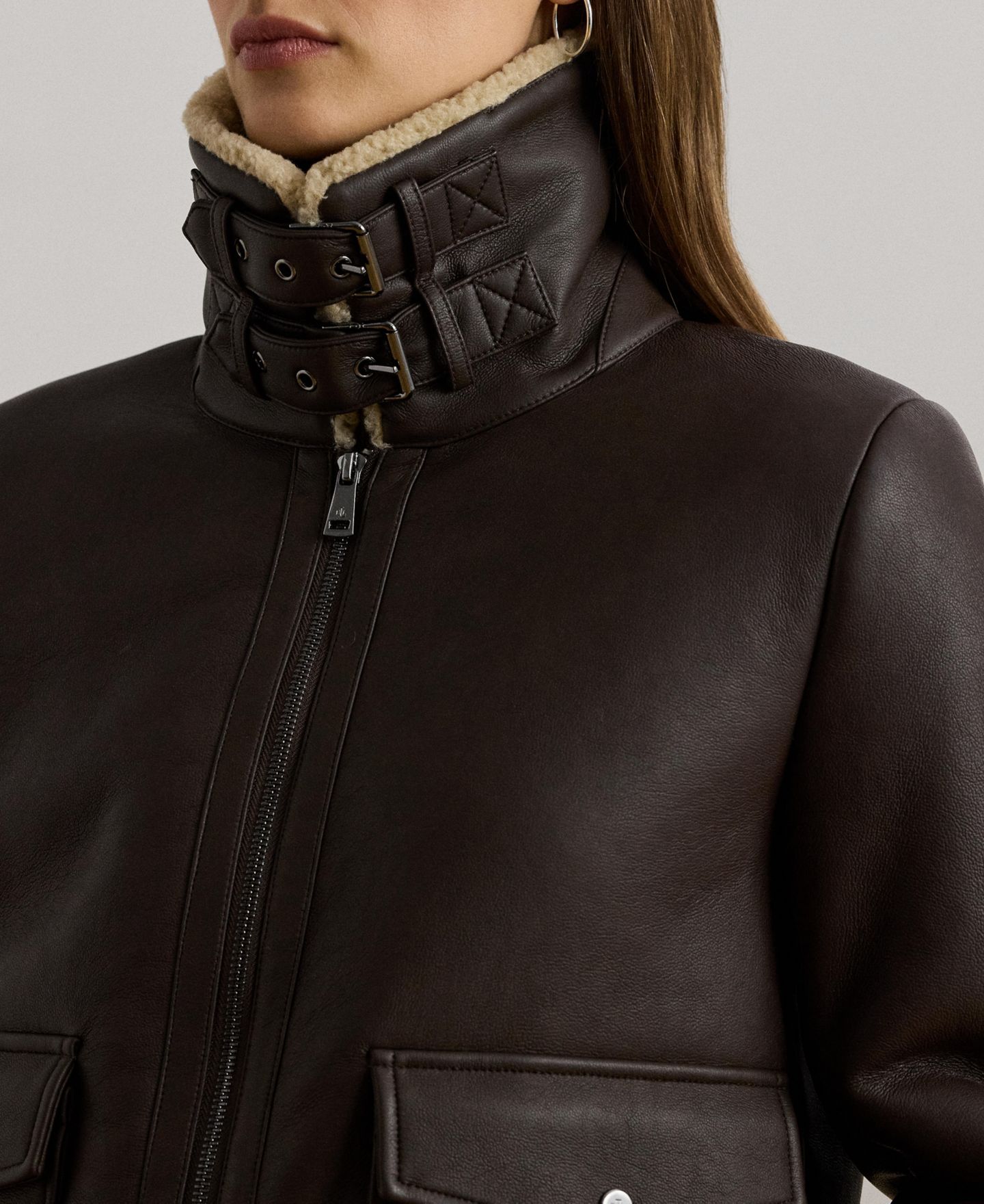 Женская куртка Lauren Ralph Lauren Fleece-Collar Faux-Leather, цвет: Коричневый — фото 6