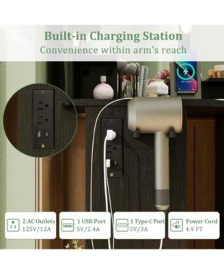 Corner Vanity Desk with 3-Color LED Lighted Mirror and Power Outlet