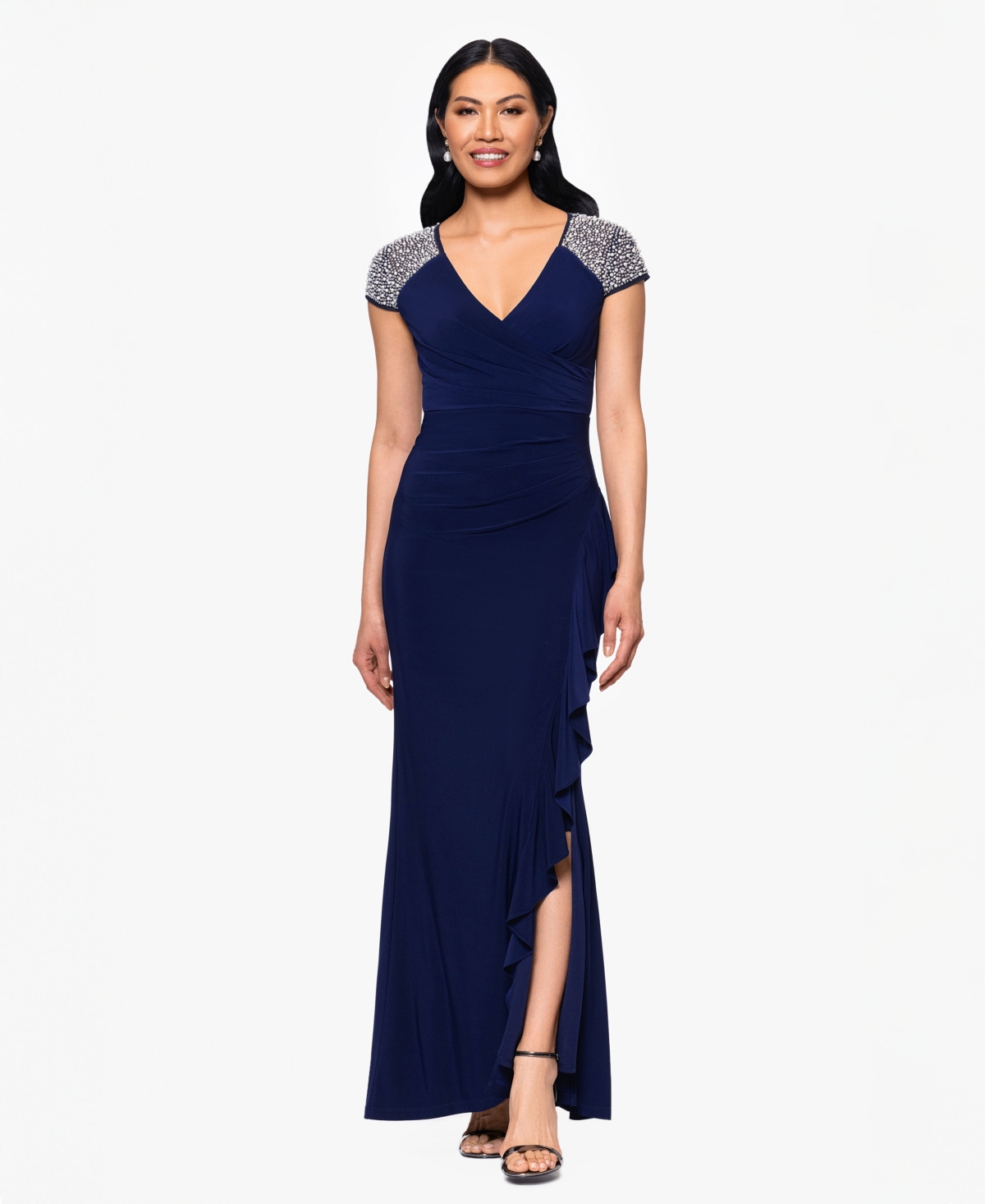 Women's Cap-Sleeve V-Neck Dress - Navy/Silver