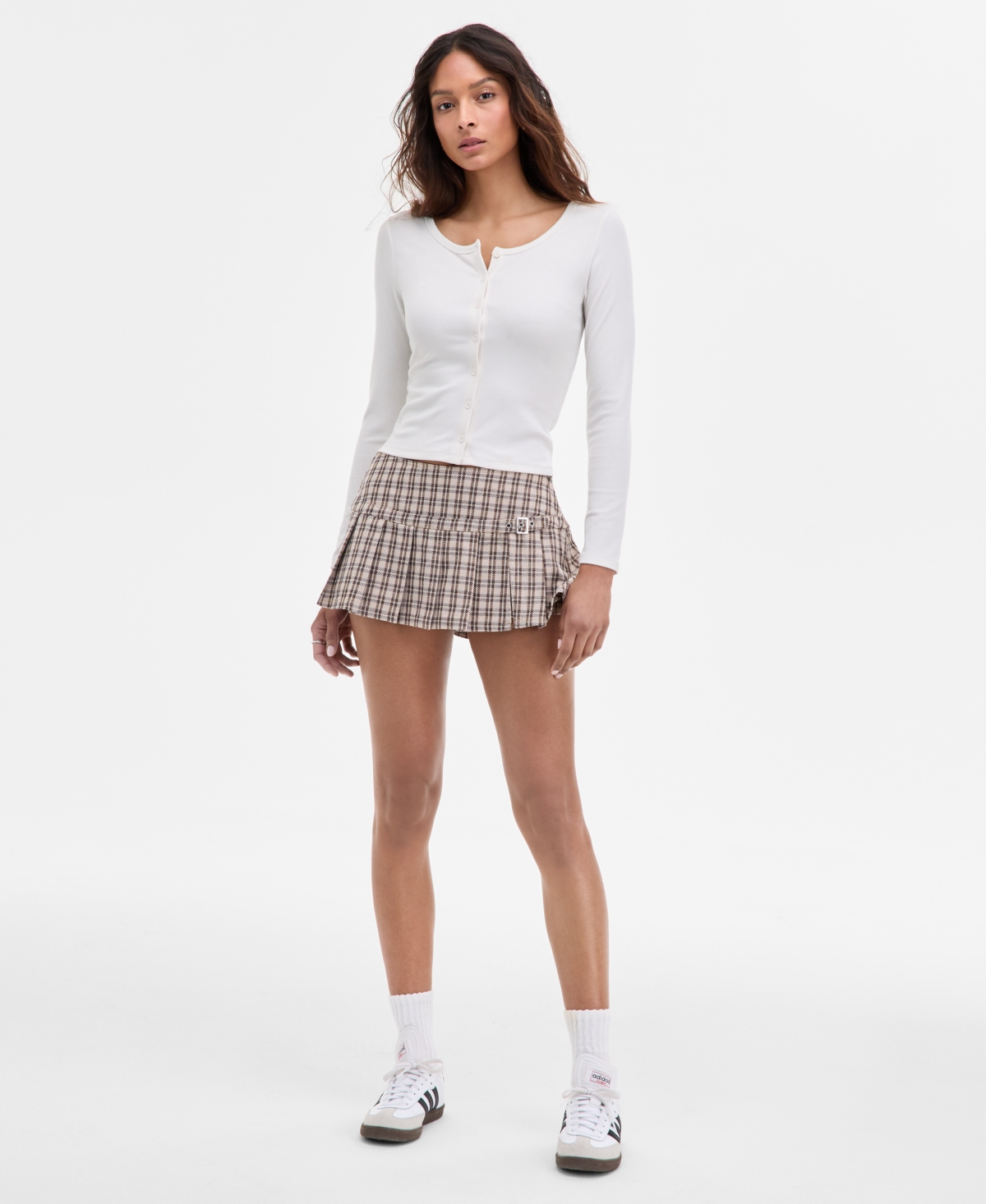 Juniors' Plaid Pleated Mini Skort - Warm Grey Plaid