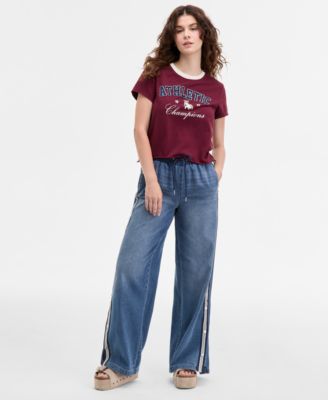 Madden Girl Juniors Graphic Print Crewneck T Shirt Pull On Side Snap Wide Leg Jeans