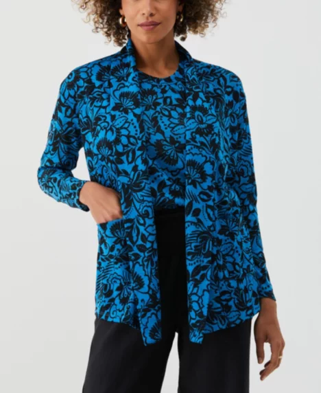 Petite Eco Floral Print Roll Collar Draped Long Sleeve Cardigan Sweater - Malibu Blue