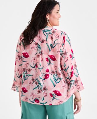 Plus Size Printed V-Neck Ruffle-Cuff Blouse, Exclusively at Macy's 
