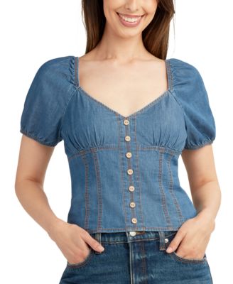 BCX - Juniors' Denim Puff-Sleeve Sweetheart-Neck Top