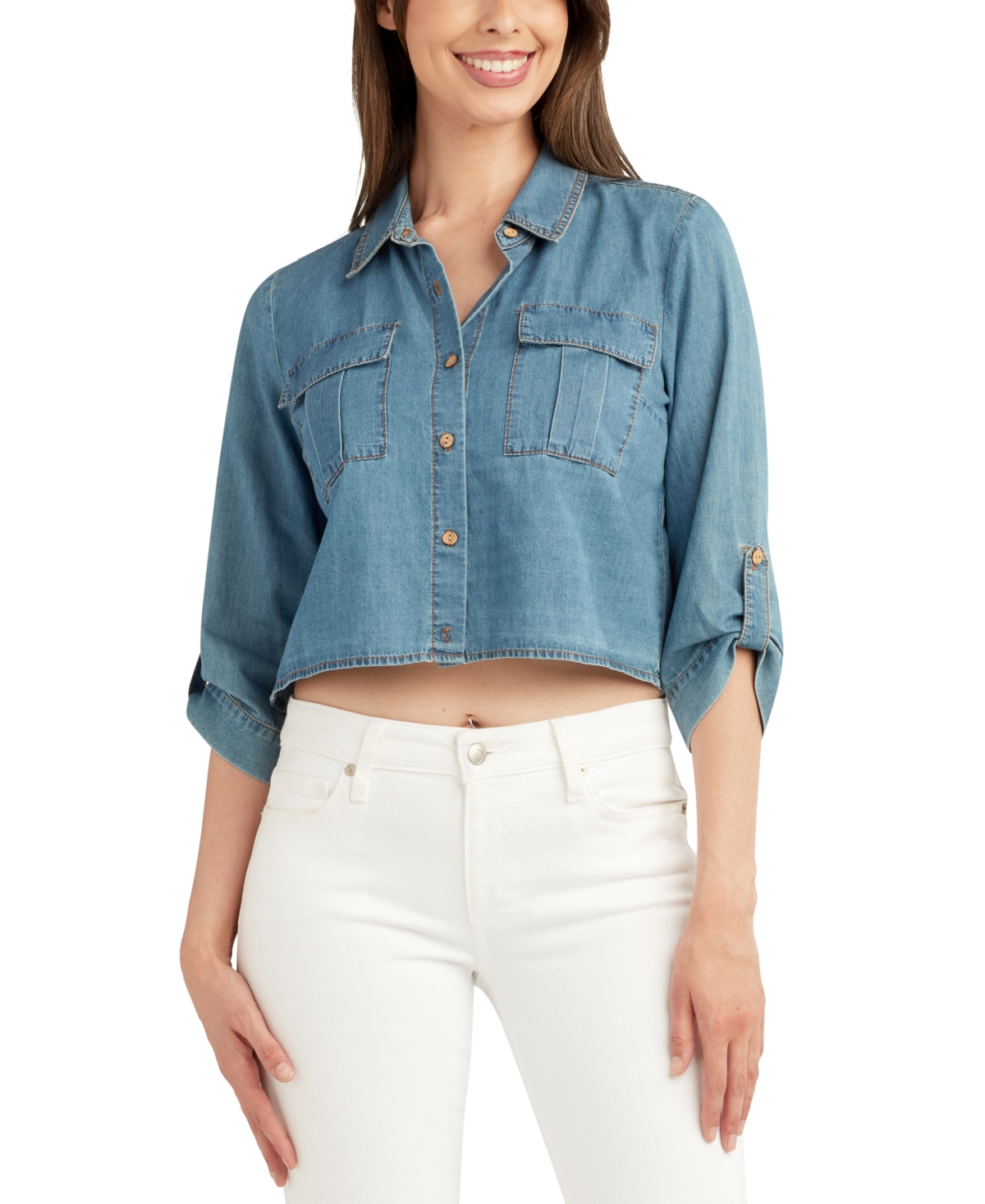 Juniors' Denim Cropped Utility Shirt - Denim