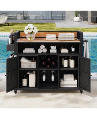 Wicker Grill Cart with Table Top & Storage - Outdoor Kitchen