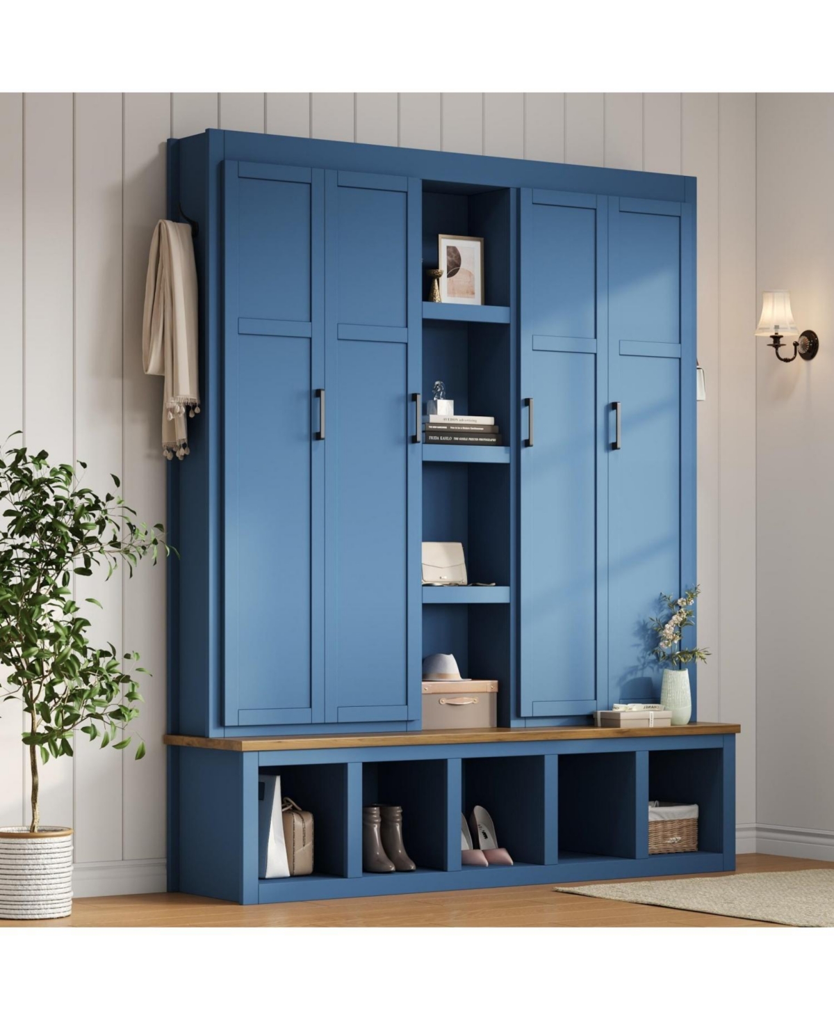 Farmhouse Hall Tree with Bench & Storage - Blue