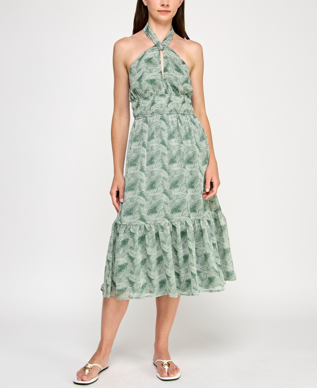 Juniors' Printed Ruffled-Hem Halter Midi Dress - Green White