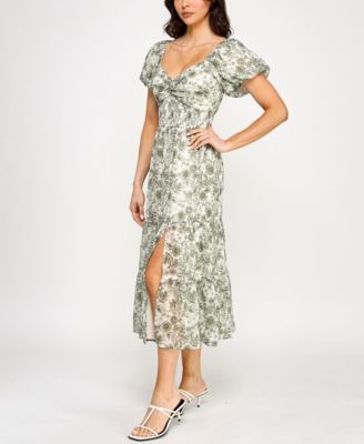 Juniors' Printed Sweetheart Slit Puff-Sleeve Midi Dress