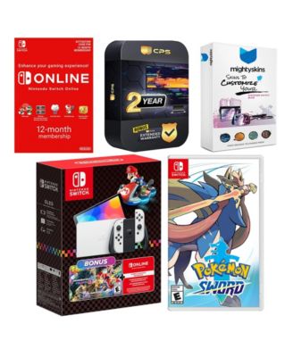 Switch OLED Console Mario Kart 8 Bundle with Pokemon Sword, NSO 12 Month Family Membership, MightySkins Console and Controller Skin Voucher,