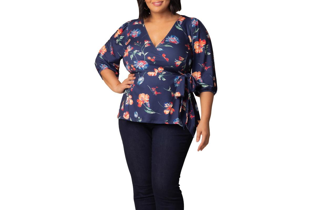 Women's Plus Size Nina V-Neck Wrap Top - Vibrant navy florals