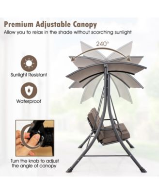 3-Seat Outdoor Porch Swing w/ Adjustable Canopy Thickened Cushions Metal Frame