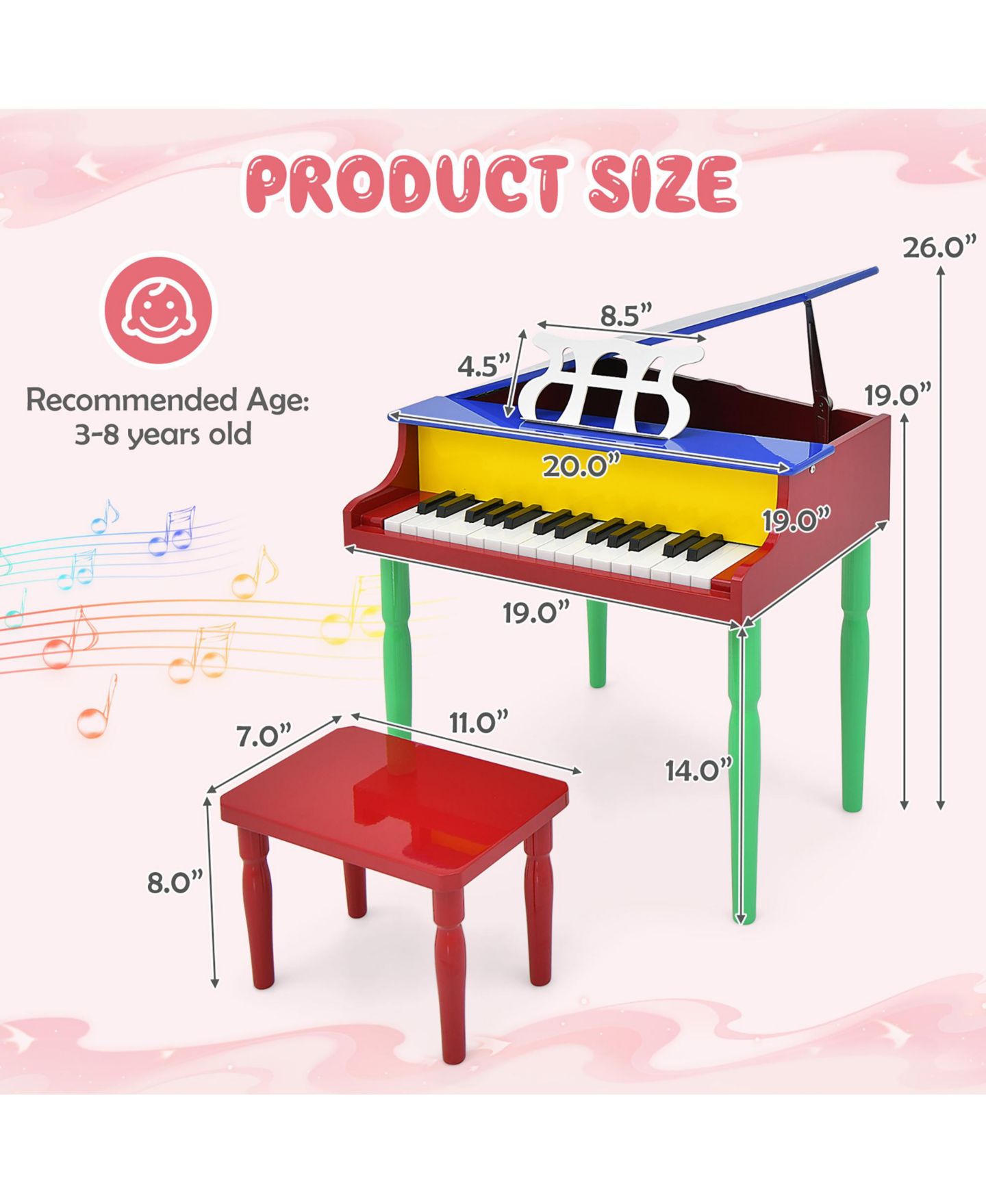Детские игрушки Gymax 30-Key Wood Grand Piano Music 3-Piece Set, Ages 3+, цвет: Синий — фото 3