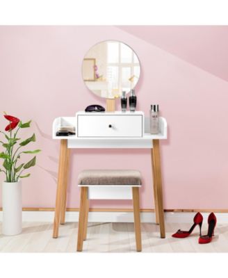 2-Pc. Wood Mirror Vanity Dressing Table Set with Drawer
