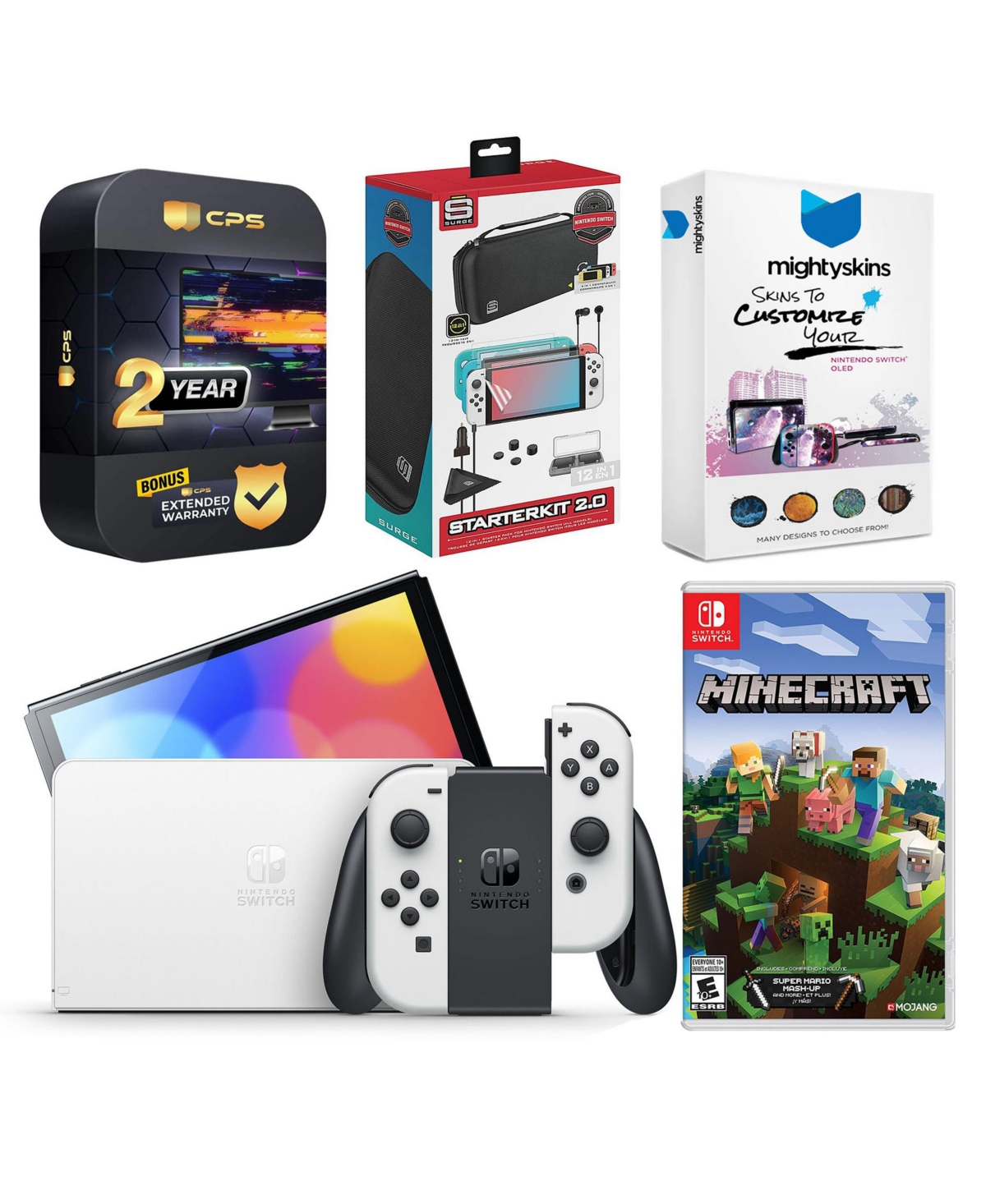 Nintendo Switch White Oled Console with Minecraft: Switch Edition, Surge Accessory Gaming Kit, MightySkins Console and Controller Skin Voucher, and 2
