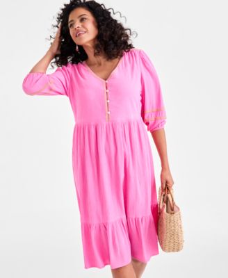 Women's V-Neck 3/4-Sleeve Tiered Midi Dress, Exclusively at Macy's 