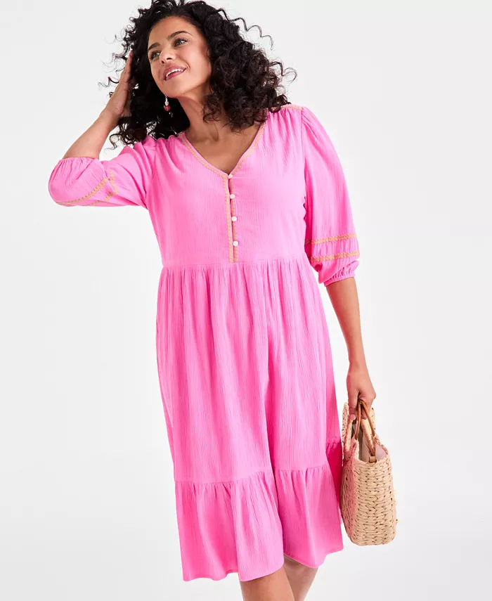 Women's V-Neck 3/4-Sleeve Tiered Midi Dress - thumbnail 2