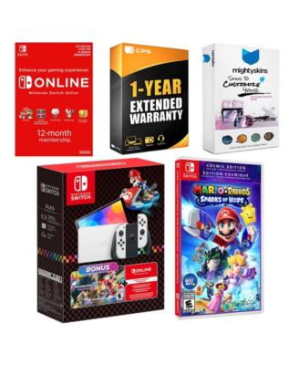 Switch OLED Console Mario Kart 8 Bundle with Mario + Rabbids Sparks of Hope Cosmic Edition, NSO 12 Month Family Membership, MightySkins Conso