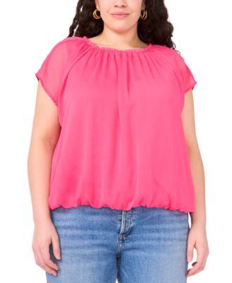 Plus Size Wide-Neck Cap-Sleeve Gathered Top
