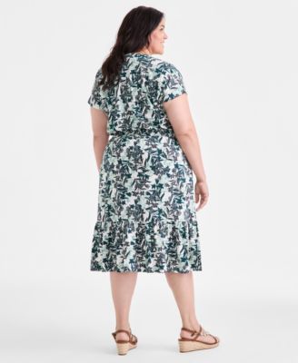 Plus Size Textured Printed V-Neck Midi Dress, Exclusively at Macy's 