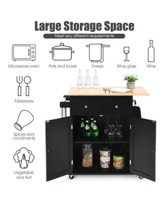 Rubber Wood Countertop Rolling Kitchen Island Cart