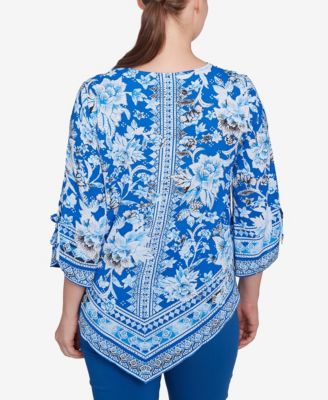 Petite Bohemian Batik Floral Border Print Crepe Tunic Top