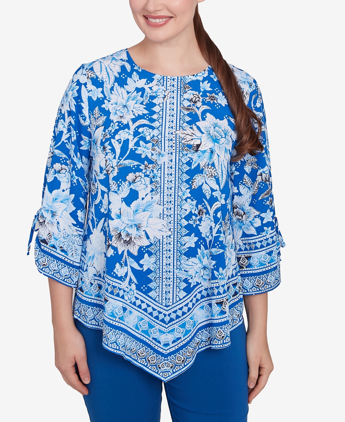 Petite Bohemian Batik Floral Border Print Crepe Tunic Top - French blue multi