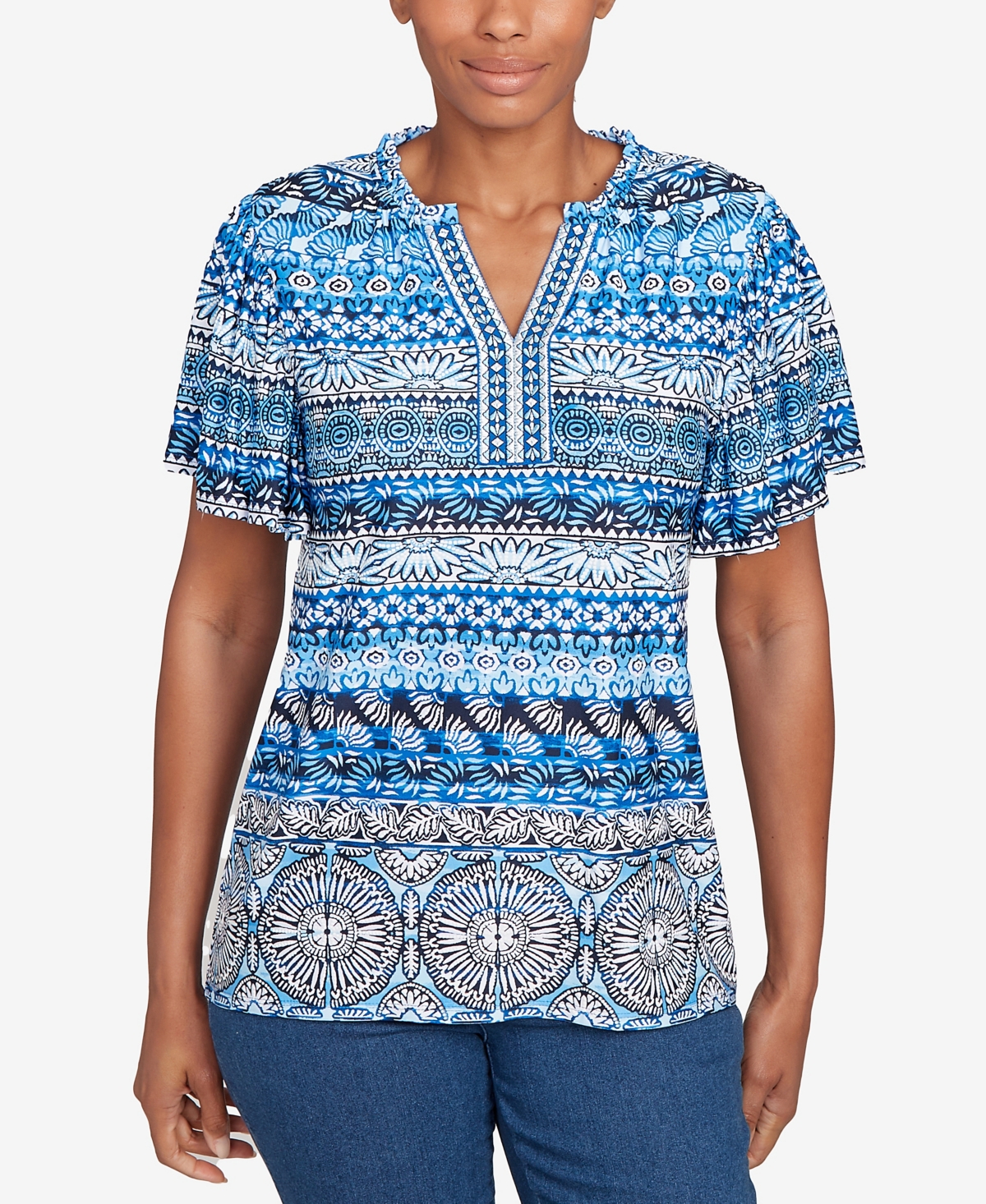 Petite Motif Stripe Embroidered Puff Print T-Shirt - French blue multi