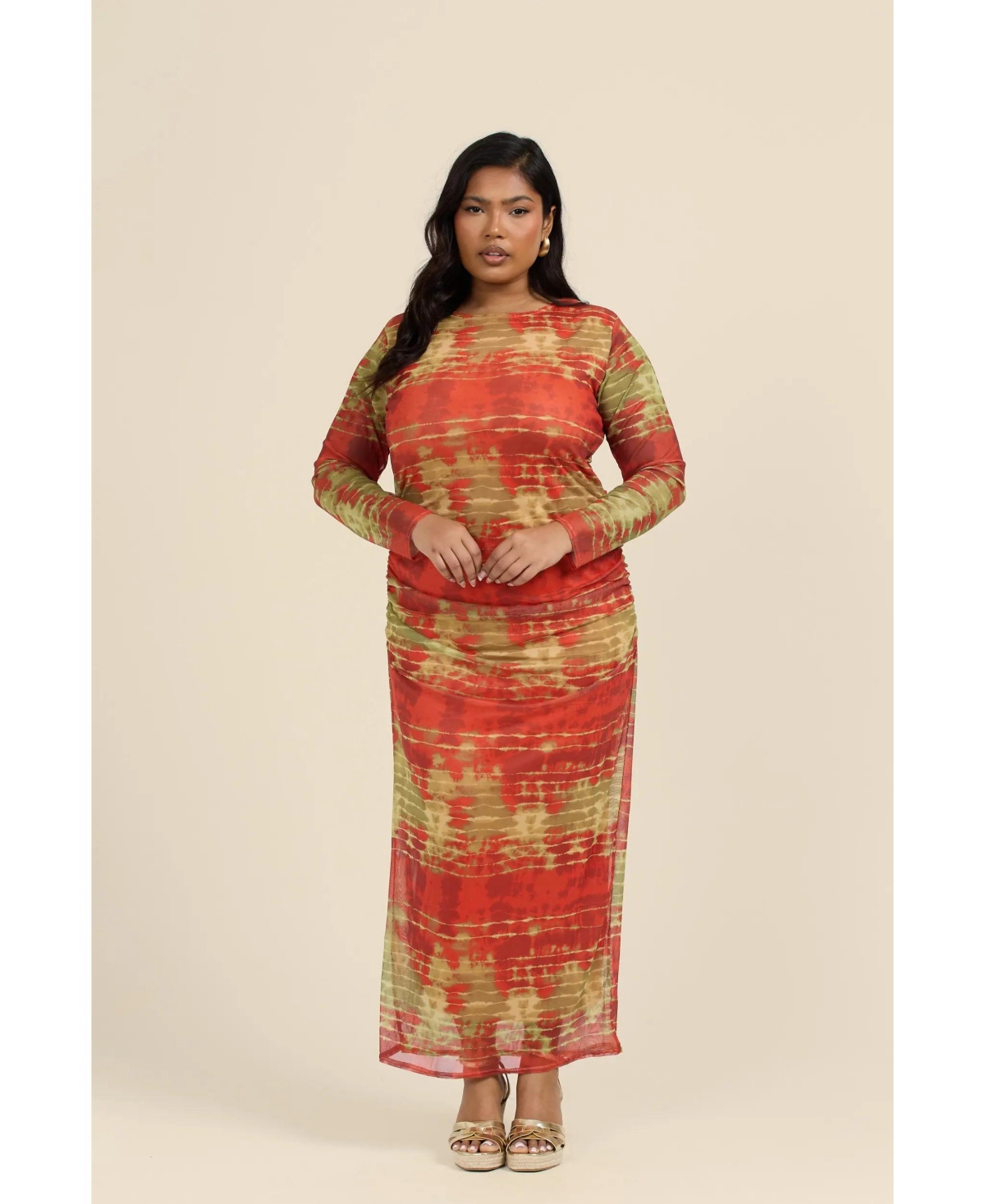 Plus Size Long Sleeve Maxi Dress - Khaki tye dye